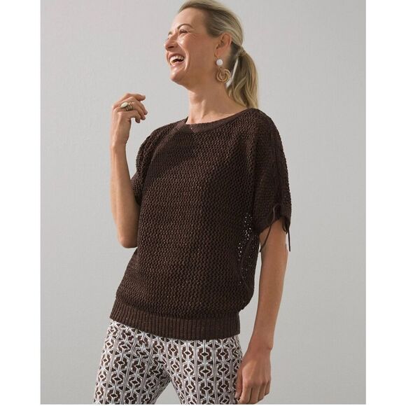 Chico's Pullover Sweater Shimmer Metalic Espresso Shoulder Detail Size 1 US Med - Picture 6 of 11
